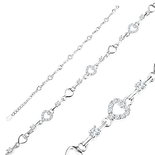 Nastavitelný náramek ze stříbra 925, kontury srdíček, čiré zirkony