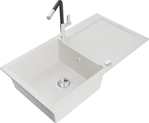 MEXEN/S Leo granitový dřez 1 s odkapávačem včetně baterie Flora, bílá 6501-20-670401-07
