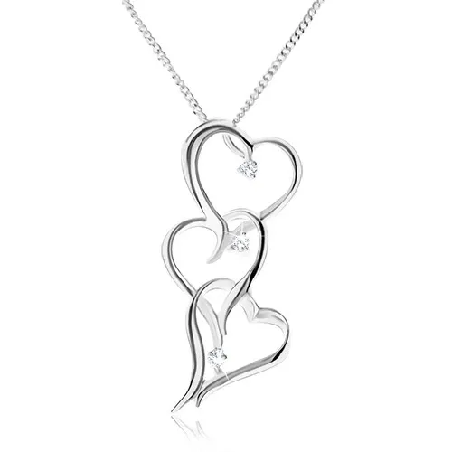 Řetízek se třemi obrysy nesouměrných srdcí, čiré zirkony - náhrdelník ze stříbra 925