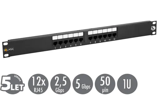 19" patch panel Solarix 12 x RJ45 CAT5E UTP 150 MHz černý 1U SX12-5E-UTP-BK