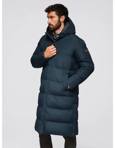 Klasická pánská dlouhá bunda s kapucí – tmavě modrá V2 OM-JALJ-0269