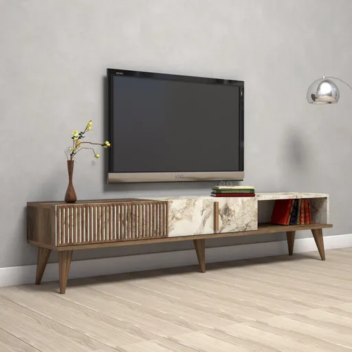 TV stolek Milan - Walnut, White Marble
