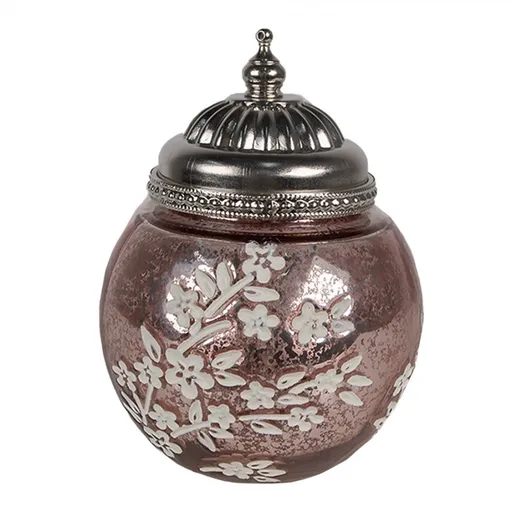 Růžová skleněná svítící LED lucerna s kvítky Balli - Ø 11*15 cm  6GL4595