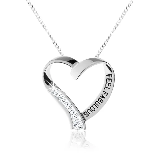 Stříbrný náhrdelník 925, blýskavá kontura srdíčka, čiré zirkony, nápis