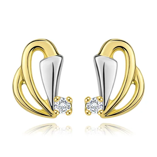Zlaté náušnice 585 s čirým diamantem - kontury slziček, rozšířený pás z bílého zlata