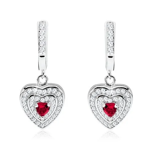 Stříbrné 925 náušnice, růžový zirkon, srdíčka s čirými kamínky