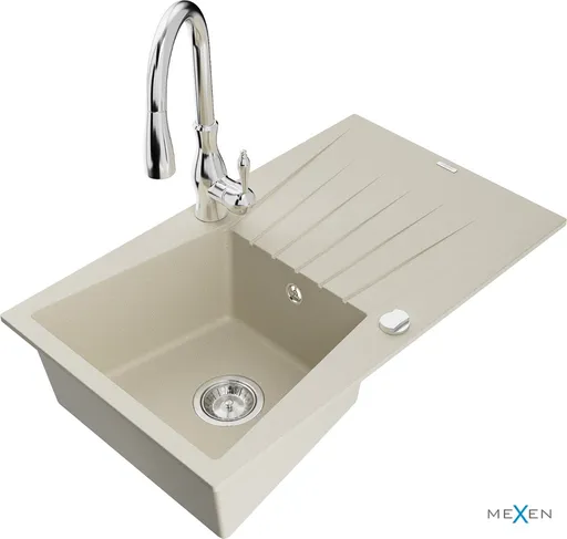 MEXEN/S Cesar granitový dřez 1 s odkapávačem včetně baterie Savita, béžová 6514-69-672601-00