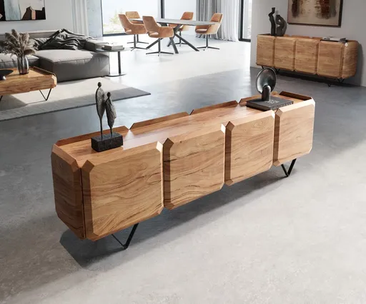 TV stolek Kiano 200 cm přírodní akácie 4 dvířka podnož ve tvaru