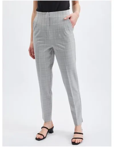 Světle šedé dámské kostkované straight fit kalhoty