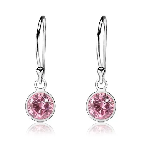Stříbrné 925 náušnice, světle růžový kulatý zirkon v lesklé objímce