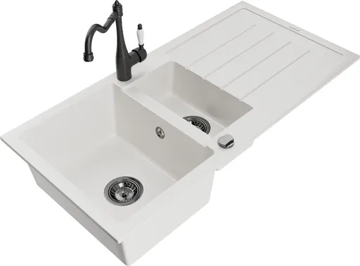 MEXEN/S Andres granitový dřez s odkapávačem včetně baterie Carla, bílá 6515-20-670700-70