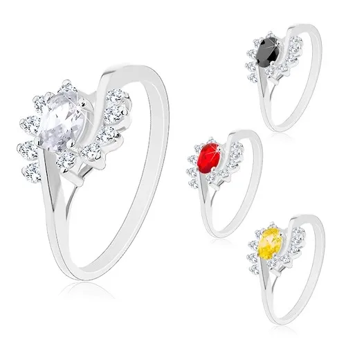 Prsten se zvlněnými rameny, barevný zirkonový ovál a obloučky z čirých zirkonů - Velikost: 52, Barva: Žlutá