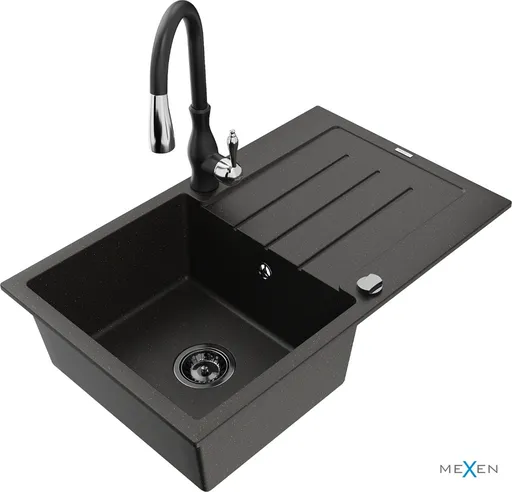 MEXEN/S Bruno granitový dřez 1 s odkapávačem včetně baterie Savita, černá/zloty metalik 6513-75-672601-70-B