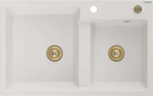 MEXEN/S Tomas granitový dřez 2-bowl 800x500 mm, bílá, + zlatý sifon 6516802000-20-G