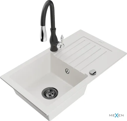 MEXEN/S Pablo granitový dřez 1 s odkapávačem včetně baterie Savita, bílá 6510-20-672601-70