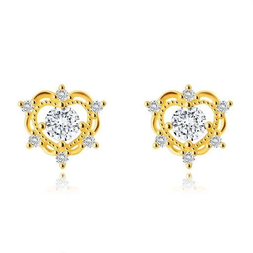 Náušnice ze 14K zlata - zdvojená kontura srdce se zirkony, puzetky