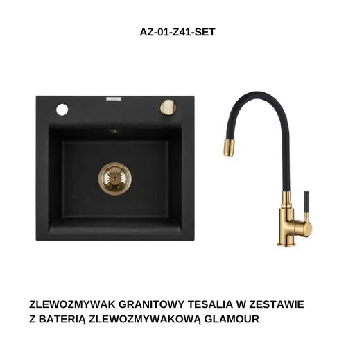 INVENA Granitový dřez TESALIA, černý s automatickým sifonem, zlatý + baterie GLAMOUR AZ-01-Z41-SET