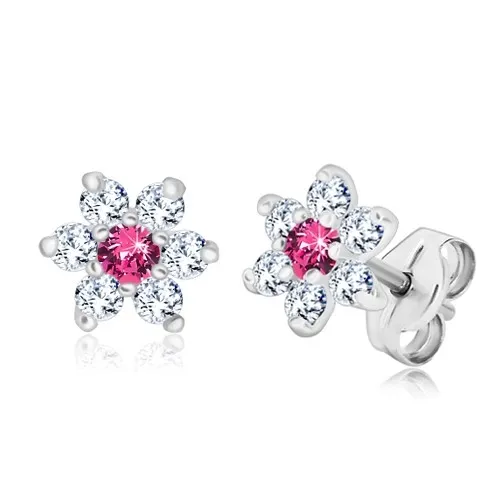 Stříbrné náušnice 925 - blýskavý čirý květ, růžový zirkon uprostřed, puzetky