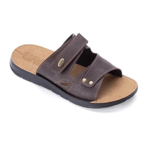 Pánské pantofle z eko kůže na suchý zip hnědé