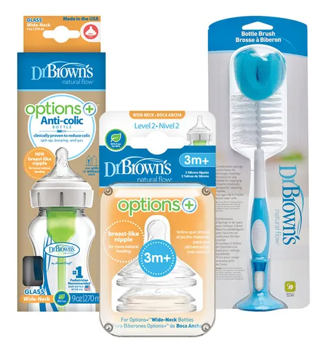DR.BROWN'S Set láhev WN SKLO 270ml + Savičky WN láhev Level-2 2ks + Kartáč na láhve