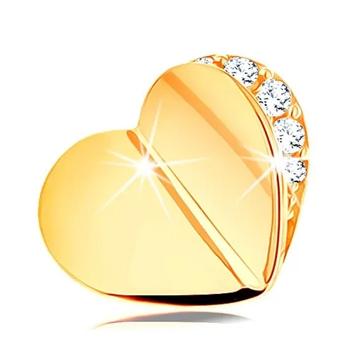 Přívěsek ve žlutém 14K zlatě - lesklé zalomené srdíčko, čirý zirkonový obrys