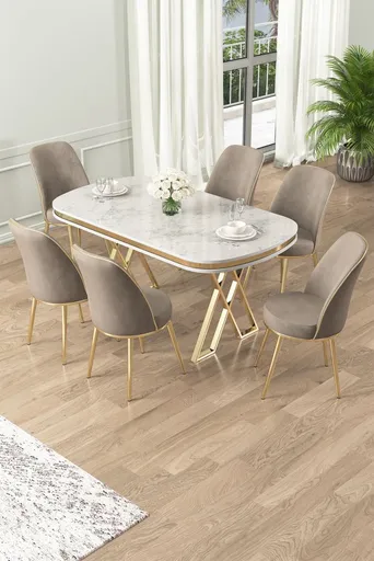 Dining Table & Chairs Set (7 Pieces) Lai - White, Gold, Cappuccino