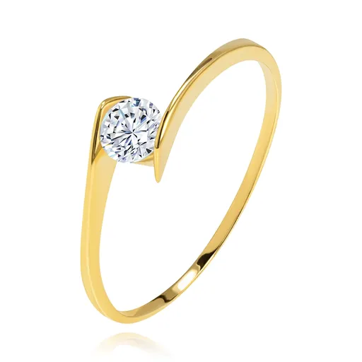 Prsten ze žlutého 14K zlata - kulatý čirý zirkon uchycený mezi konci ramen - Velikost: 60