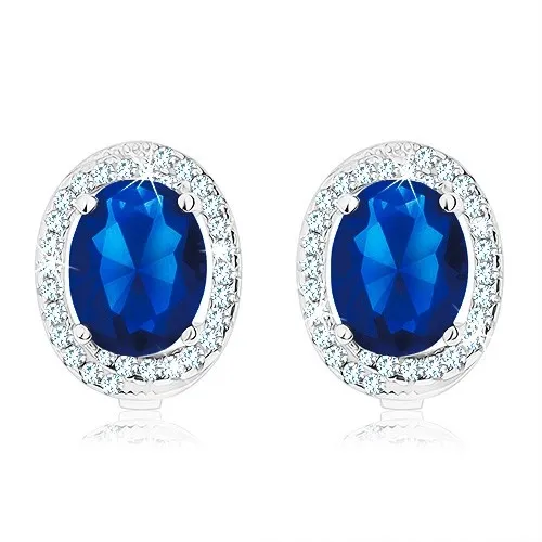 Stříbrné náušnice 925, oválný tmavě modrý zirkon, zatočený čirý lem