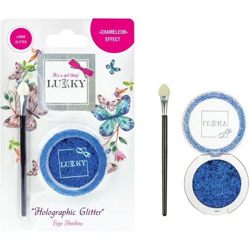 LUKKY modré oční stíny s holgrafickými třpytkami a štětcem