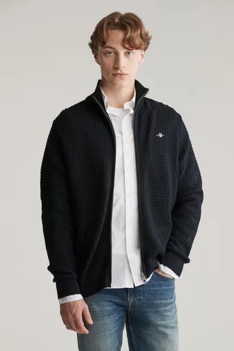 KARDIGAN GANT COTTON TEXTURED ZIP CARDIGAN BLACK