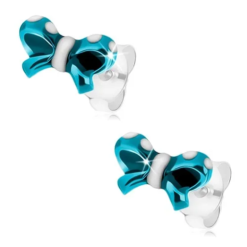 Náušnice ze stříbra 925, mašlička se světle modrou a bílou glazurou