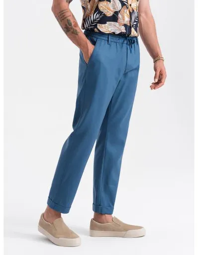 Pánské kalhoty chino roll-up ze směsi lnu V5 OM-PACP-0198 modrá džínovina