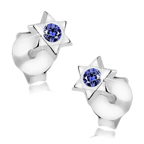 Stříbrné náušnice 925, malá lesklá hvězdička s tmavomodrým krystalem