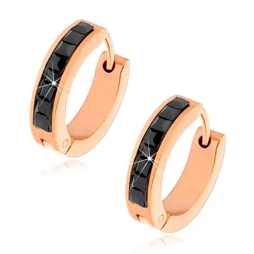 Kloubové náušnice měděné barvy z oceli, černé čtvercové kamínky