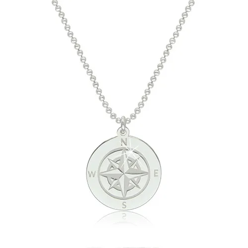 Stříbrný 925 náhrdelník - obrys kruhu s vyobrazeným kompasem a světovými stranami