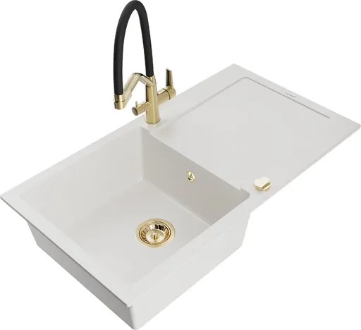 MEXEN/S Leo granitový dřez 1-miska s odkapávačem včetně baterie Duo, bílá 6501-20-671701-57-G