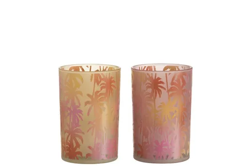 2 ks oranžovo růžový skleněný svícen s palmami - 12*12*18 cm J-Line by Jolipa