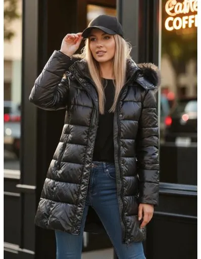 Dámská zimní bunda prošívaná s kožešinou SHINE černá s kožešinou