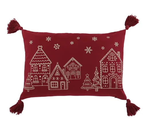 Červený bavlněný povlak na polštář s chaloupkami a střapci Aix - 50*35 cm Chic Antique