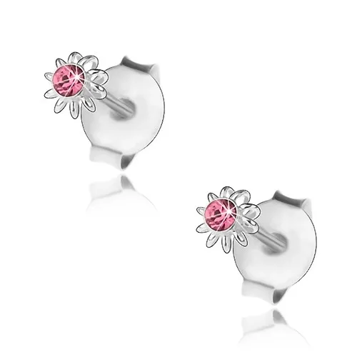 Stříbrné 925 náušnice, drobný kvítek s růžovým Swarovského krystalkem