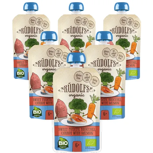 Rudolfs Batáty, brokolice, mrkev s lososem BIO kapsička 6x110 g