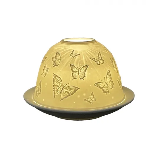 Bílý porcelánový svícen na čajovou svíčku s motýlky Paollo - Ø 12 * 8 cm 6CE1811