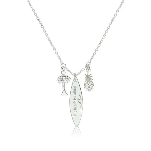Stříbrný náhrdelník 925 - lesklý ananas, palma a surf s nápisem "The beach is calling"