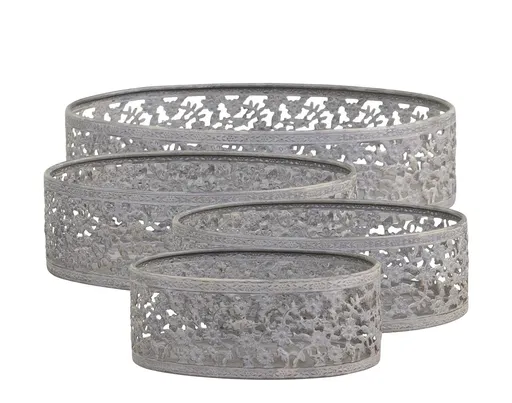 4ks plechový antik podnos s květovanou krajkou - 21*15*5 cm Chic Antique