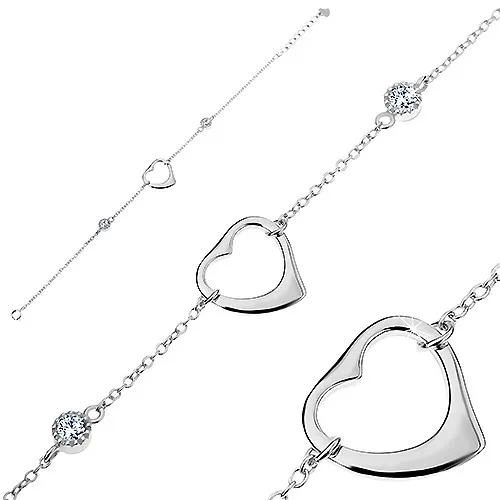 Nastavitelný náramek - stříbro 925, lesklá srdcovitá kontura, dva kulaté zirkony