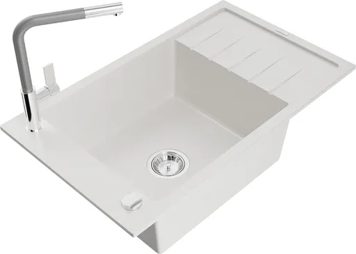MEXEN/S Elias granitový dřez 1 s odkapávačem včetně baterie Flora, bílá 6511-20-670401-06