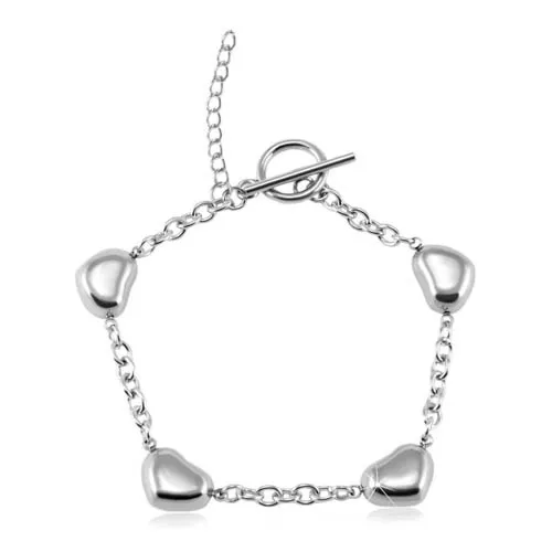 Náramek z oceli 316L, čtyři lesklá vypouklá srdíčka, stříbrná barva