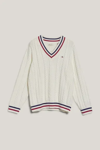 SVETR GANT STRIPED CABLE V-NECK EGGSHELL