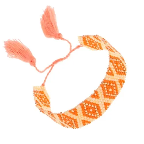 Náramek z korálků žluté, oranžové a zlaté barvy, kosočtvercový vzor