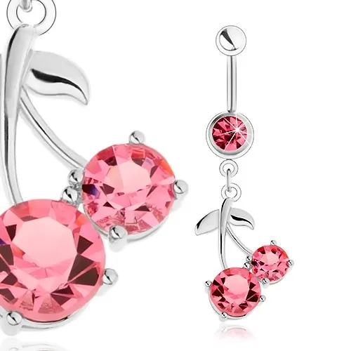 Piercing do bříška z oceli 316L, stříbrný odstín, růžové třešně, lesklé lístky